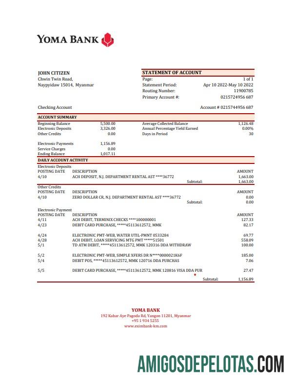 Extrato bancário de Myanmar Yoma em branco modelo Excel e PDF